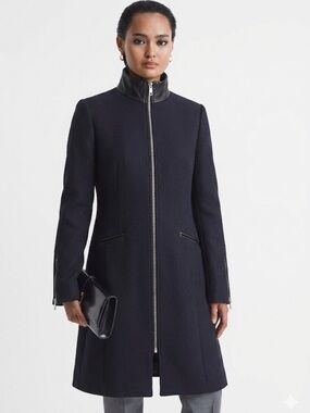 REISS Calais Wool Blend Moto Car Coat Funnel Neck Jacket Size L